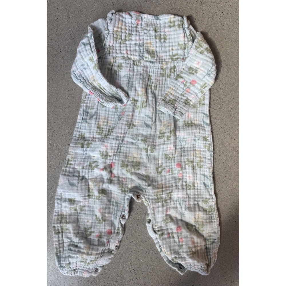 Angel Dear Soft 100% Cotton Button-Up Light Blue Floral Baby Romper Sz 12-18 Mos - Picture 2 of 4